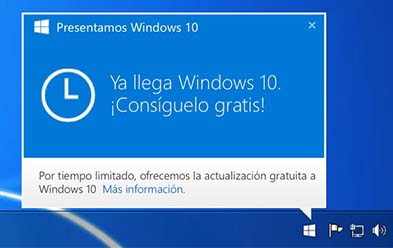 Esquina inferior derecho del escritorio de un equipo con icono de notificación de la llegada de Windows.